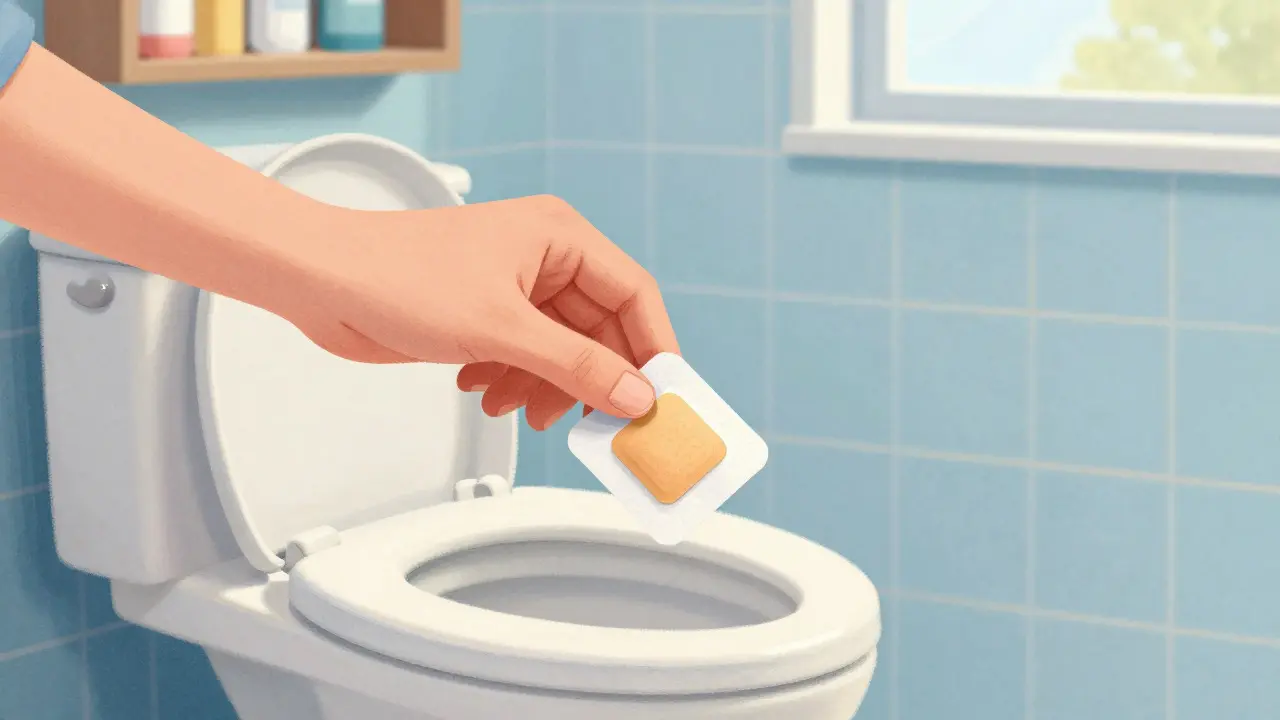 Hand folding a used drug patch over a toilet for safe disposal