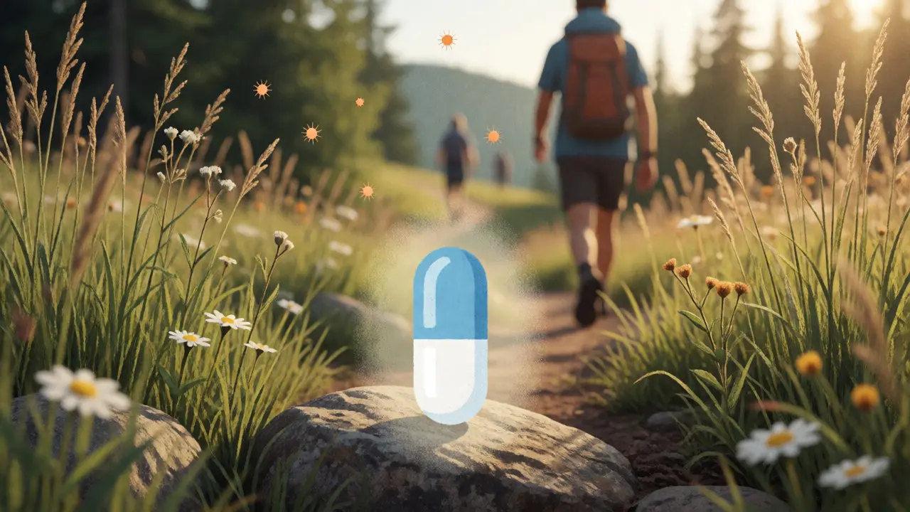 Hiker on a trail with a glowing pill deflecting pollen grains in a textured nature setting.