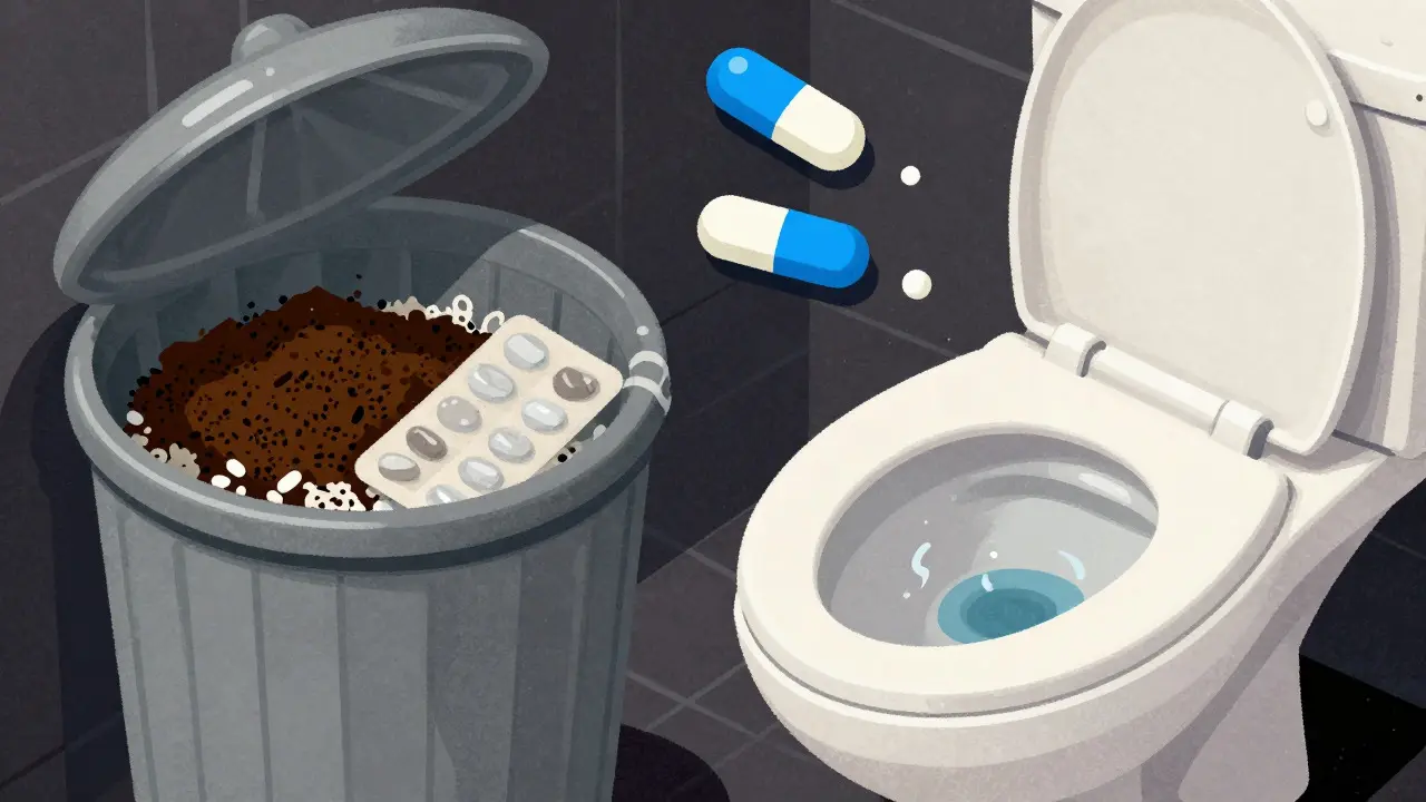 Illustration comparing trash disposal vs flushing medications