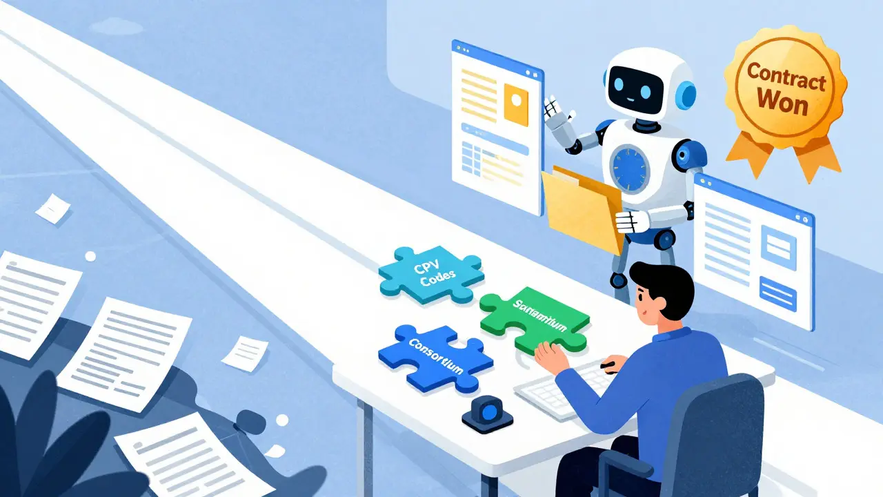 Illustration of a business owner using strategy and AI tools to win an EU contract