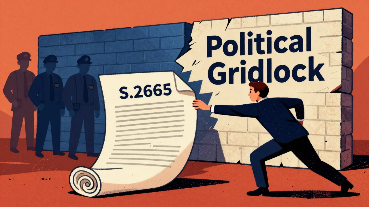 Legislative bill blocked by political gridlock wall in textured illustration