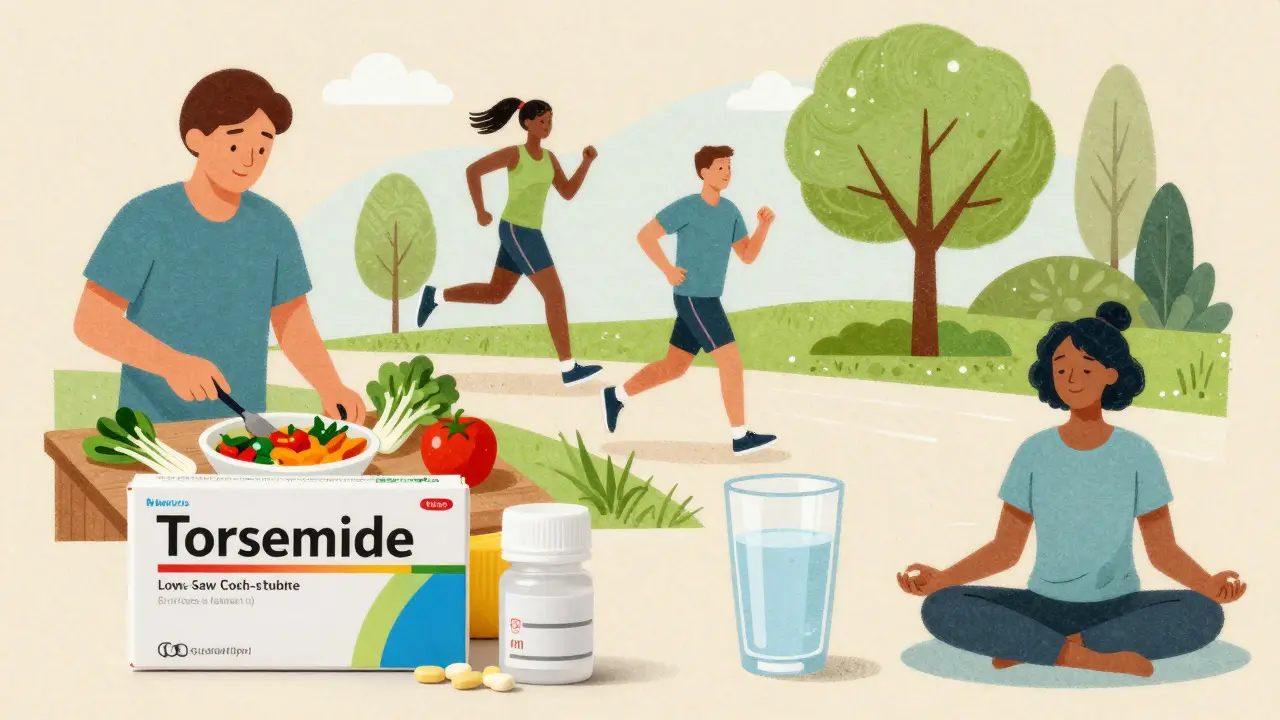 People exercising and eating healthy alongside generic medication bottles