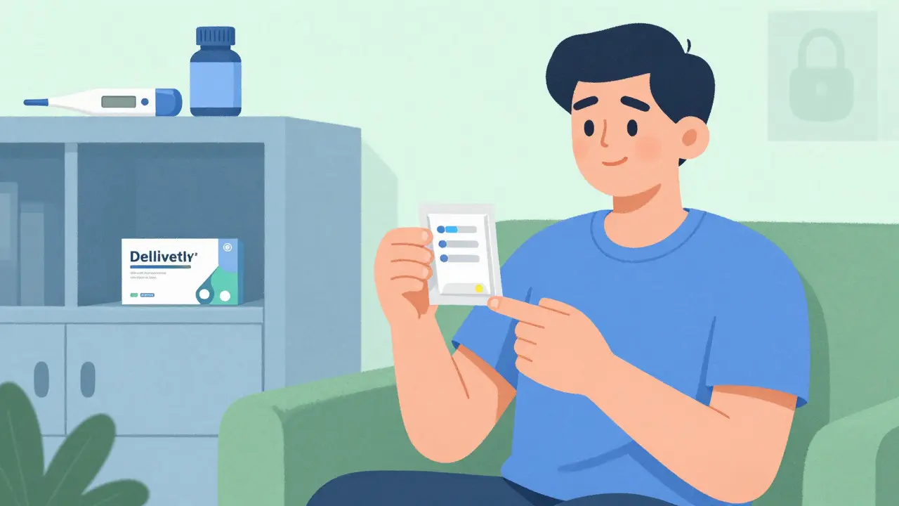 Person receiving safely delivered medication package at home