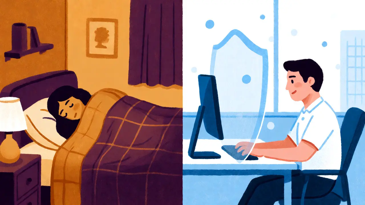 Split illustration contrasting a sleepy bedroom scene with a clear-headed office worker protected by a shield.