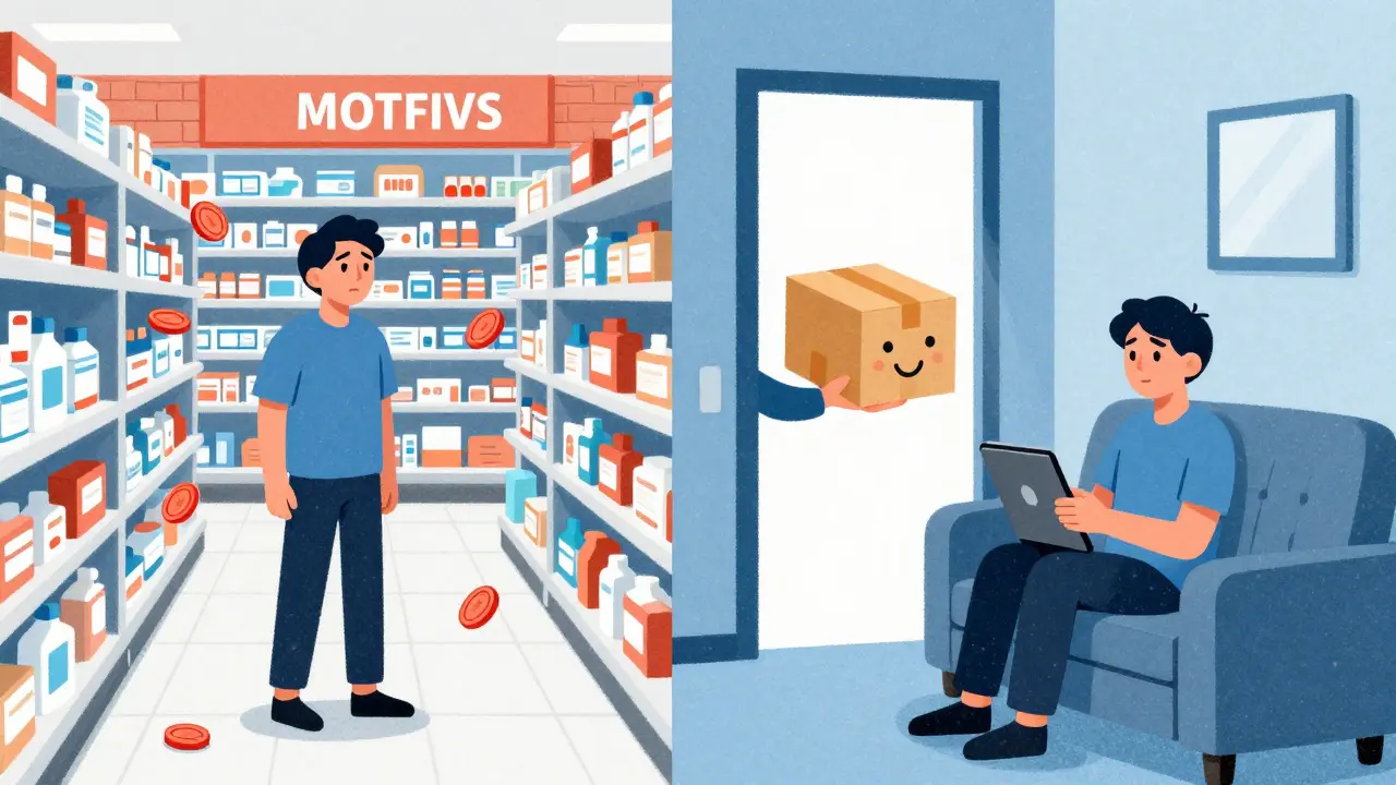 Split view comparing a crowded pharmacy with a relaxed home delivery scene