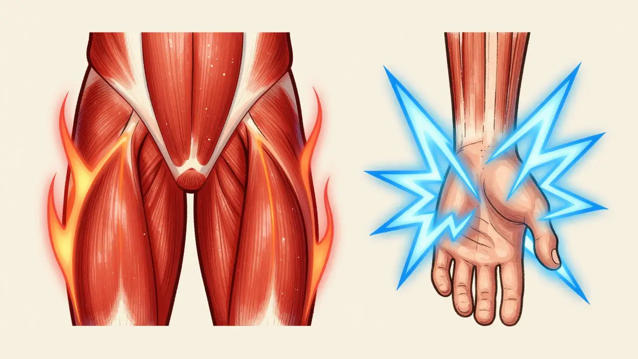 Split view of glowing hip muscle and sparking foot nerves