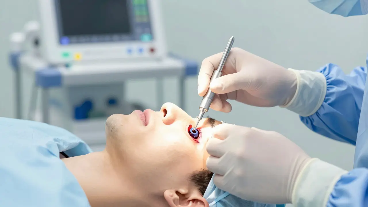Surgeon placing a cochlear implant receiver behind a patient's ear during surgery