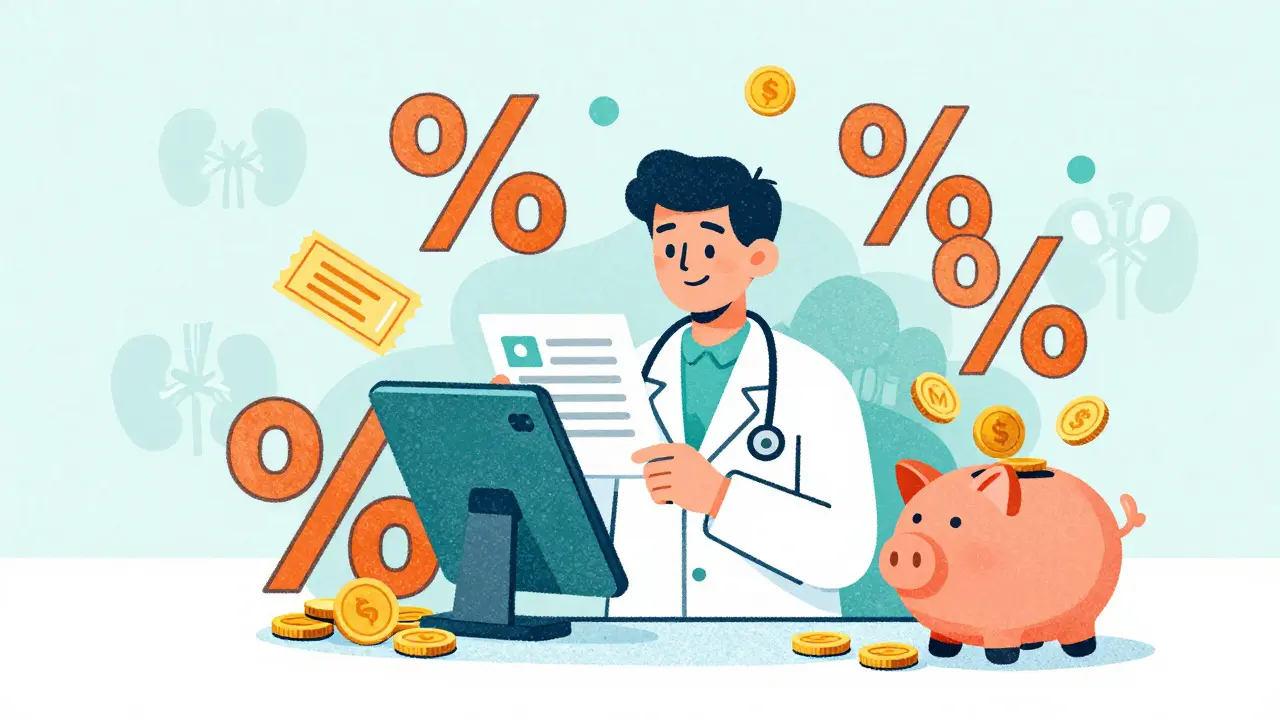 Telehealth doctor on tablet with coupons and savings symbols around it