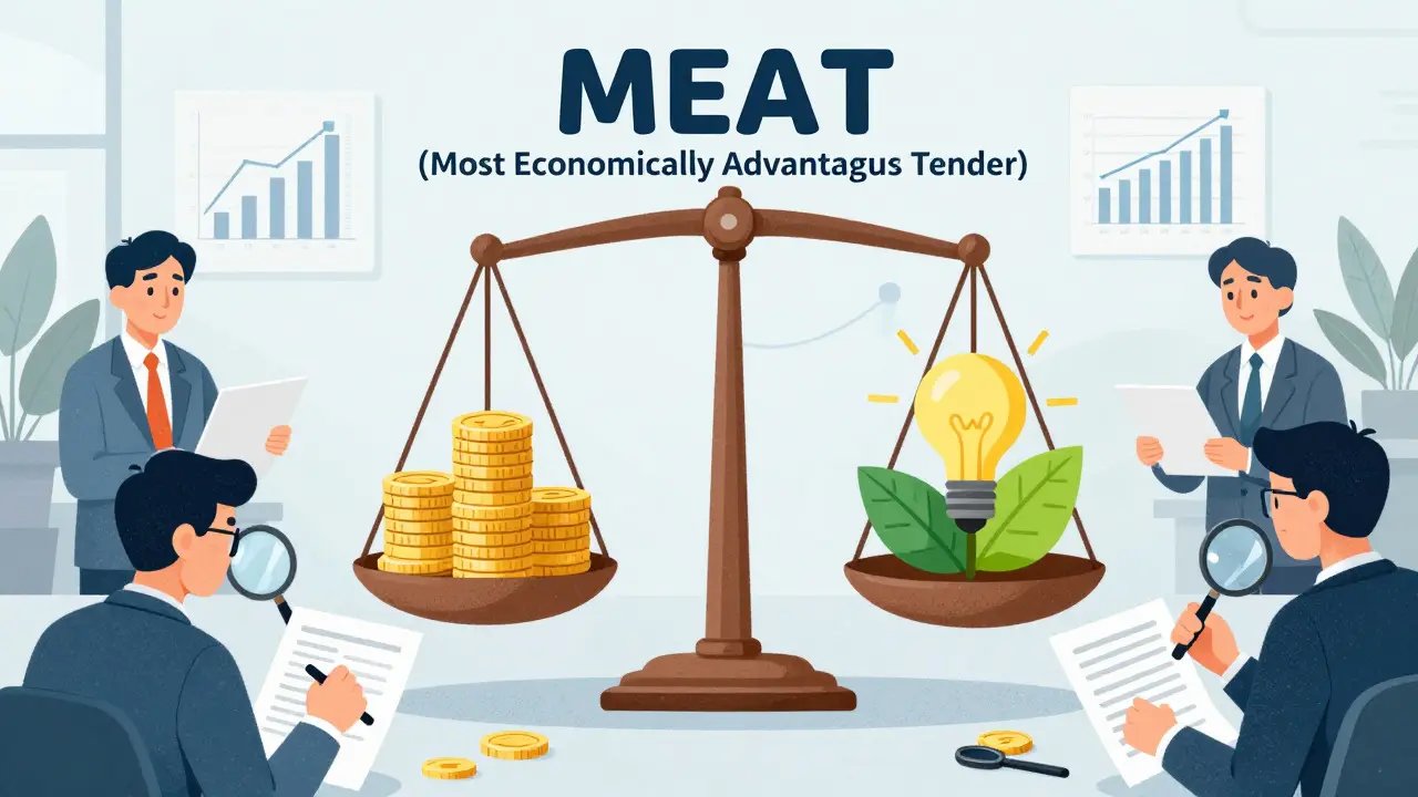 Textured cartoon of a scale weighing price against quality and sustainability in tenders
