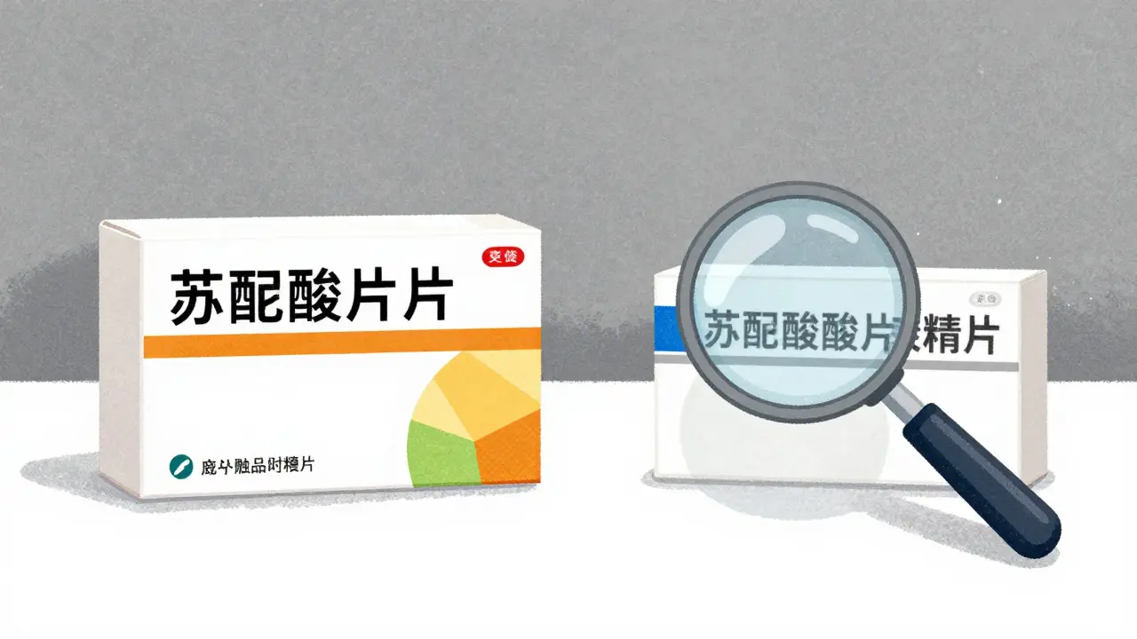 Two medicine boxes being compared under a magnifying glass on a table