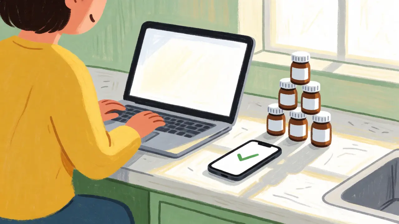 Person ordering meds online at a kitchen counter with verified packages.