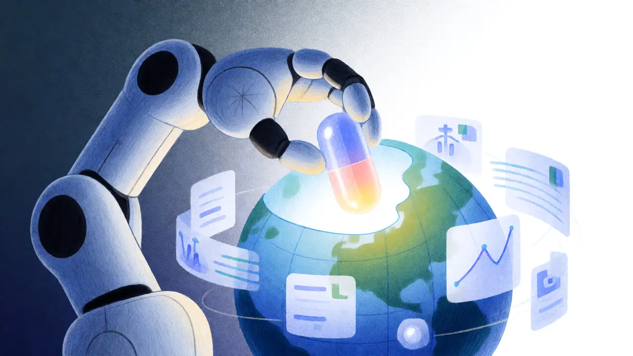 Robotic arm placing a pill into a globe amidst digital data streams.