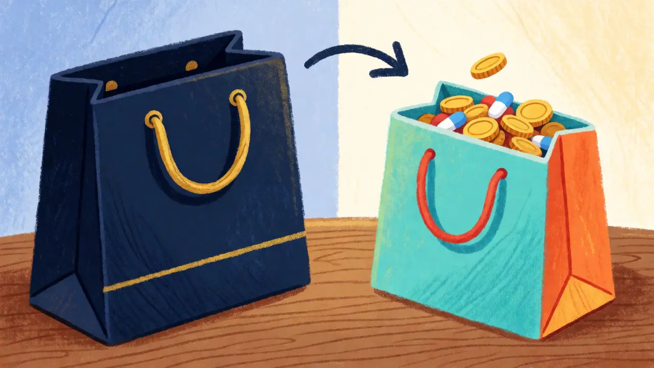 Visual comparison of expensive vs. affordable medication shopping bags.
